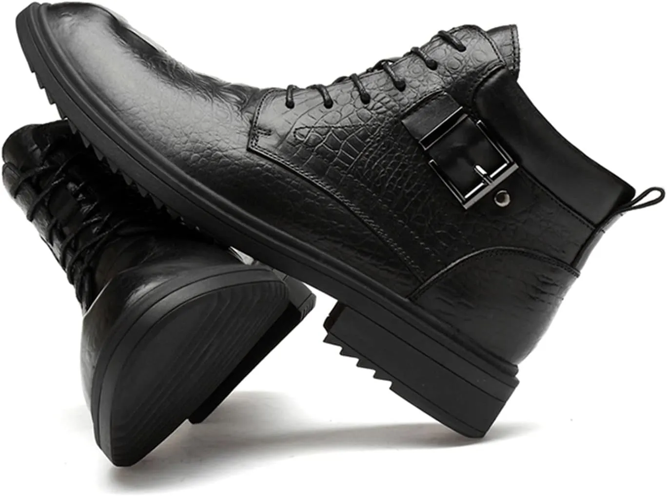 HOOENG Round Toe Boots for Men Derby Crocodile Print with Buckle Cowhide Leather Slip Resistant Wearable Non Slip Casual Stylish Dress