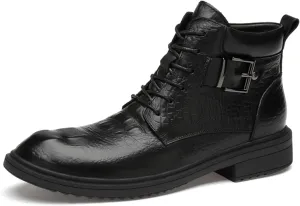 HOOENG Round Toe Boots for Men Derby Crocodile Print with Buckle Cowhide Leather Slip Resistant Wearable Non Slip Casual Stylish Dress