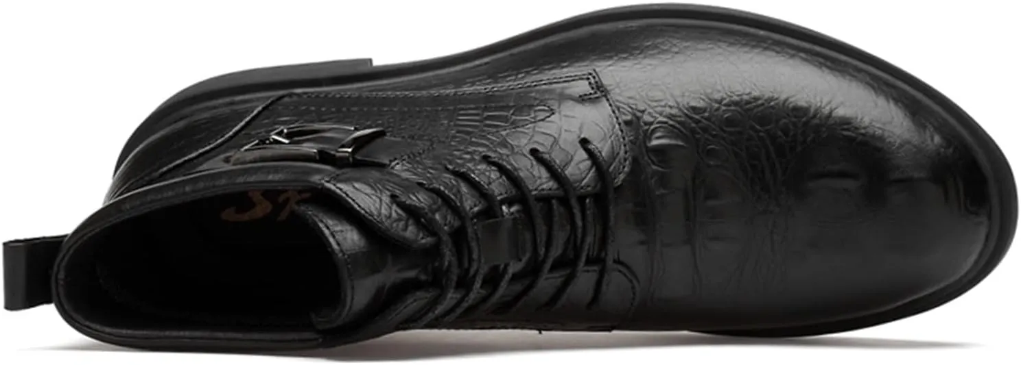 HOOENG Round Toe Boots for Men Derby Crocodile Print with Buckle Cowhide Leather Slip Resistant Wearable Non Slip Casual Stylish Dress