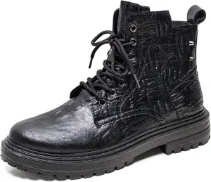 HOOENG Round Toe Lace Up Boots for Men Derby Crocodile Print with Rivet PU Anti-Slip Wearable Classic Work Formal (Color : Black, Size : 10)