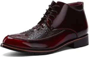 HOOENG Round Toe Lace Up Boots for Men Derby Moc Toe Crocodile Print PU Wearable Block Heel Stylish Vintage Casual
