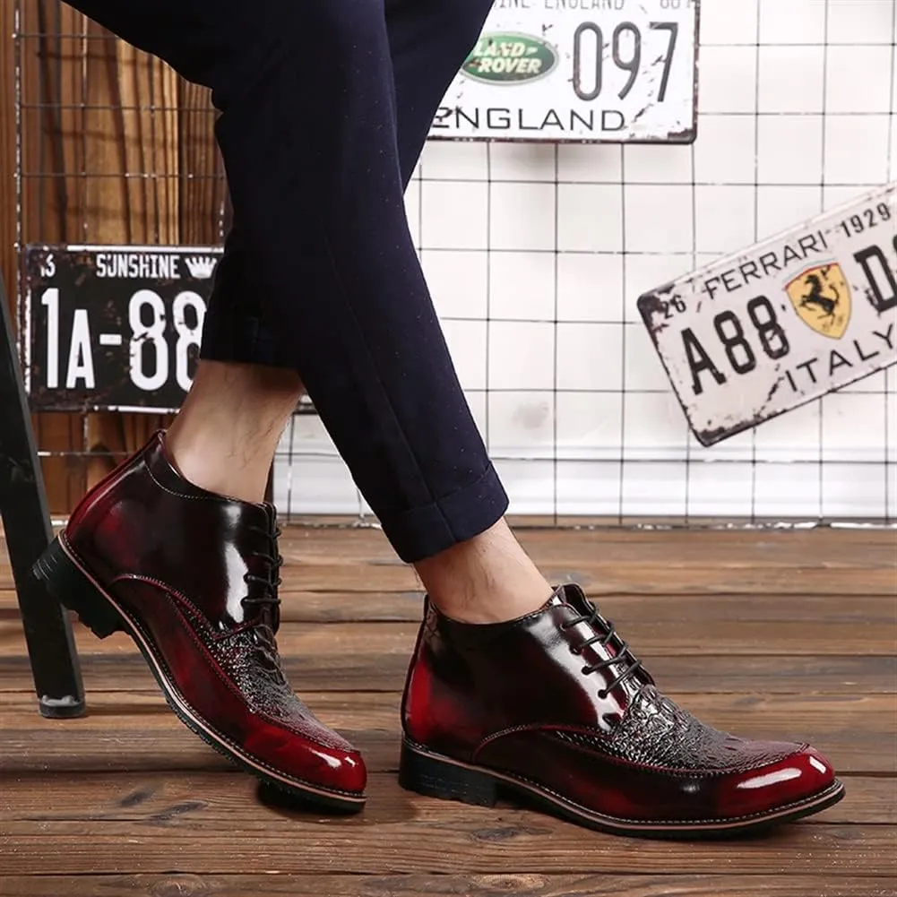 HOOENG Round Toe Lace Up Boots for Men Derby Moc Toe Crocodile Print PU Wearable Block Heel Stylish Vintage Casual