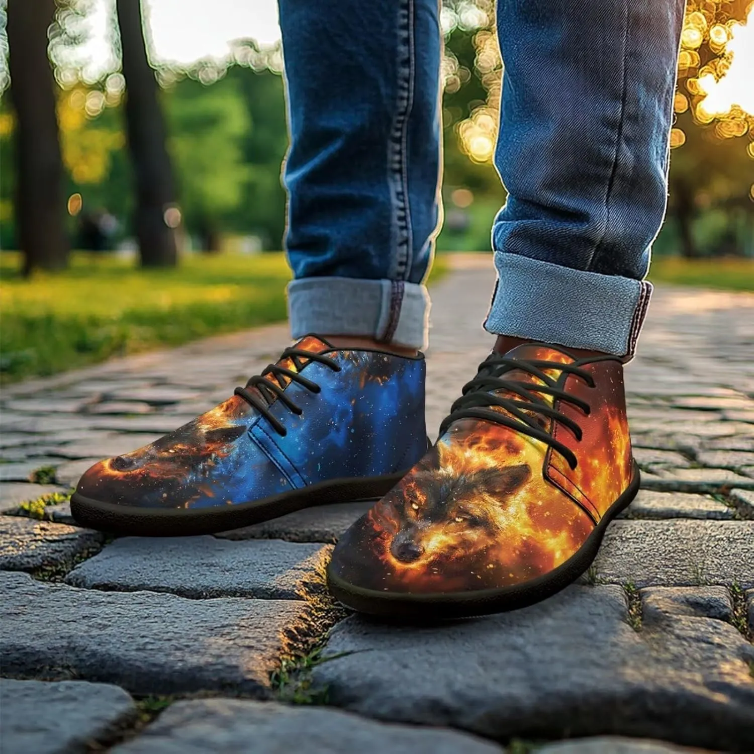 Howilath Wolf Print Barefoot Shoes Men Leather Low Zero Drop Sneaker Casual Running Cross Training Shoe