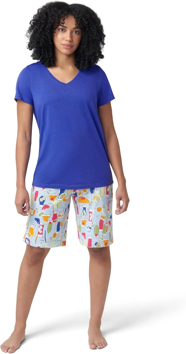 HUE Women's Summer Vacation Pajama Separates, Soft, Whimsical Print Pjs with Tropical Beach Themes, Flip Flops, Cocktails