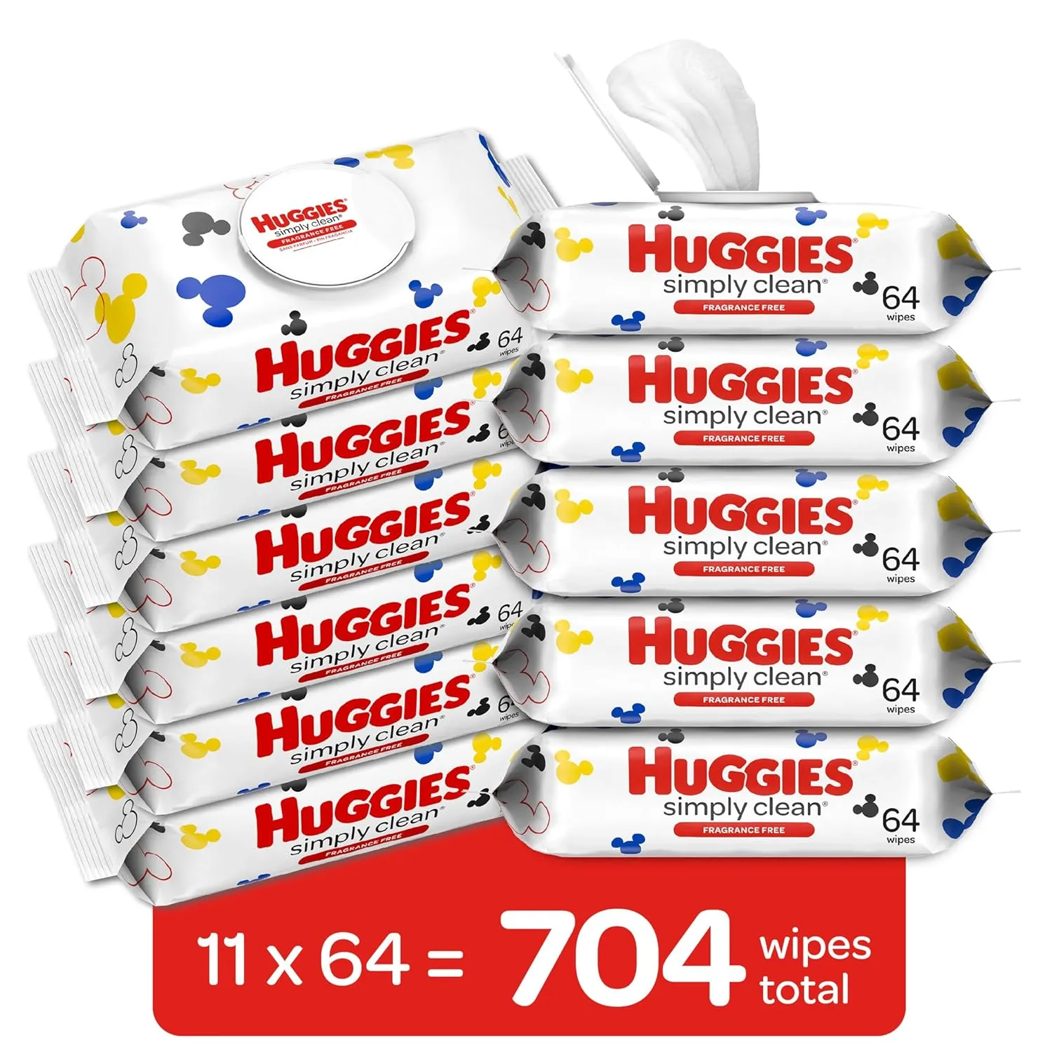 Huggies Simply Clean Unscented Baby Diaper Wipes, 11 Flip-Top Packs (704 Wipes Total), Packaging May Vary