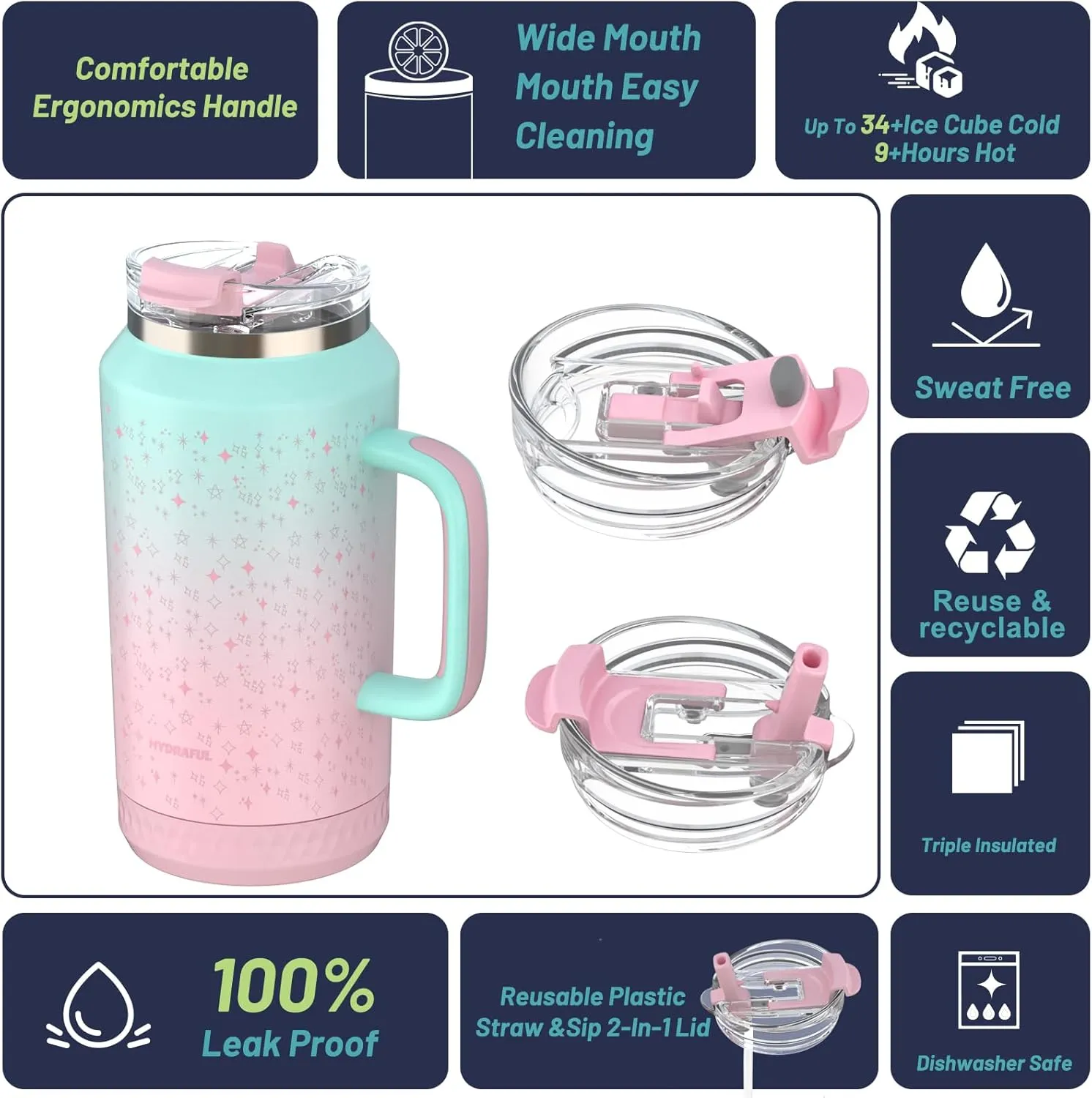 Hydraful 64 oz Tumbler with Handle and Straw - 100% Leak-Proof - Insulated Cup Reusable Stainless Steel Large Water Bottle Travel Mug for Gym, Hiking, and Camping - Gifts for Women Men Him Her