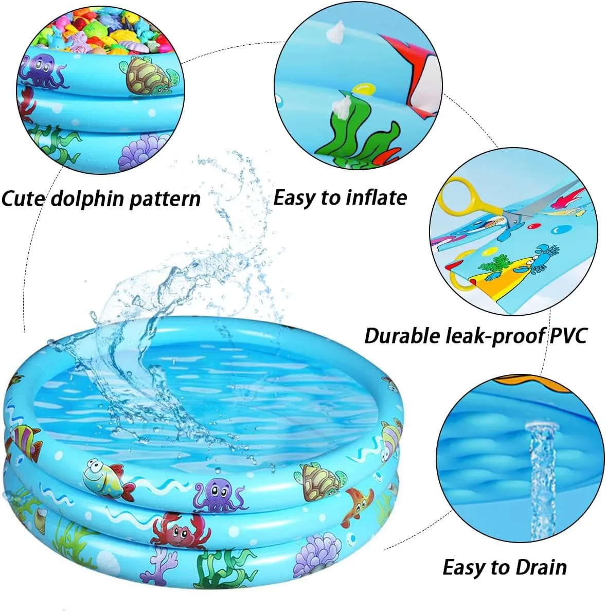 Inflatable Baby Kiddie Pools, 3 Rings Round Swimming Pool, Toddler Fun Water Swim Beach Floaties Toys, Kids Fishing Pond Ball Pit Pool, Small Infant Pool (Blue, 35 inch)