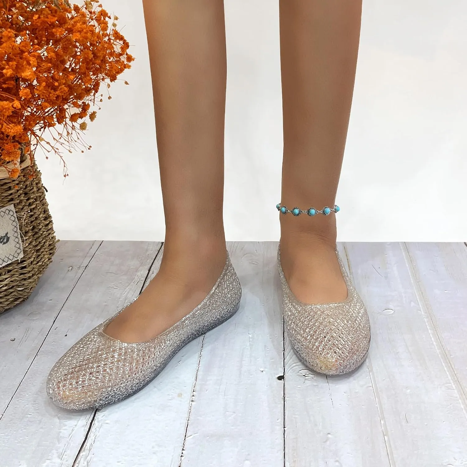 Jelly Mesh Ballet Flats for Women Clear Hollow Jellies Flat Sandals Round Toe Slip On Beach Flat Shoes