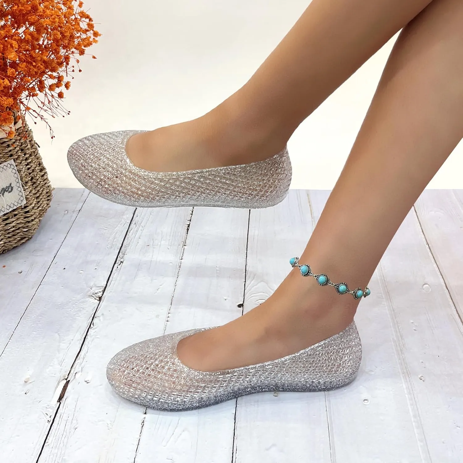 Jelly Mesh Ballet Flats for Women Clear Hollow Jellies Flat Sandals Round Toe Slip On Beach Flat Shoes