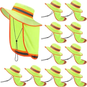 Jexine 10 Pcs High Visibility Reflective Hat with Neck Flap Safety Sun Hat for Men Bucket Cap Boonie Hats Bulk