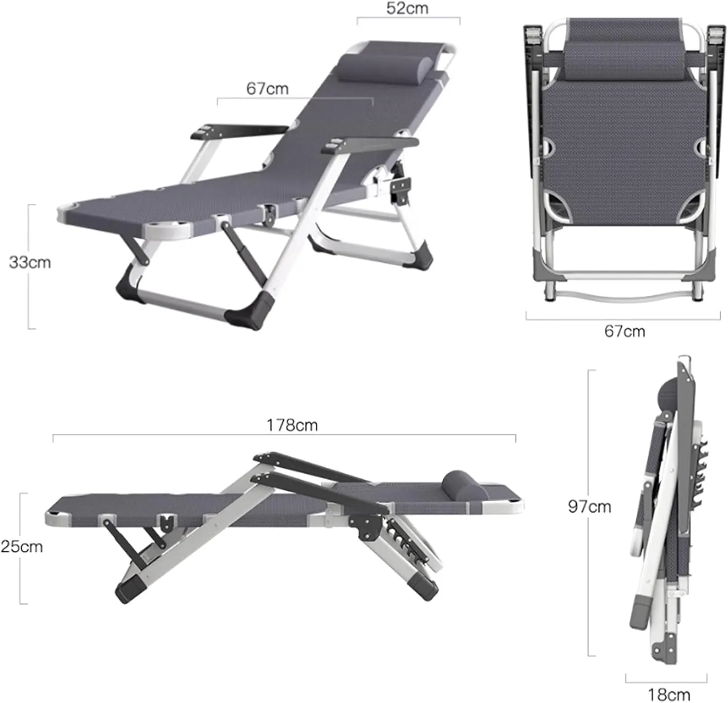 KAMPCO Garden Foldable Sunlounger, Camping Chairs Folding Reclining Portable Chair with Detachable Cushion and Headrest