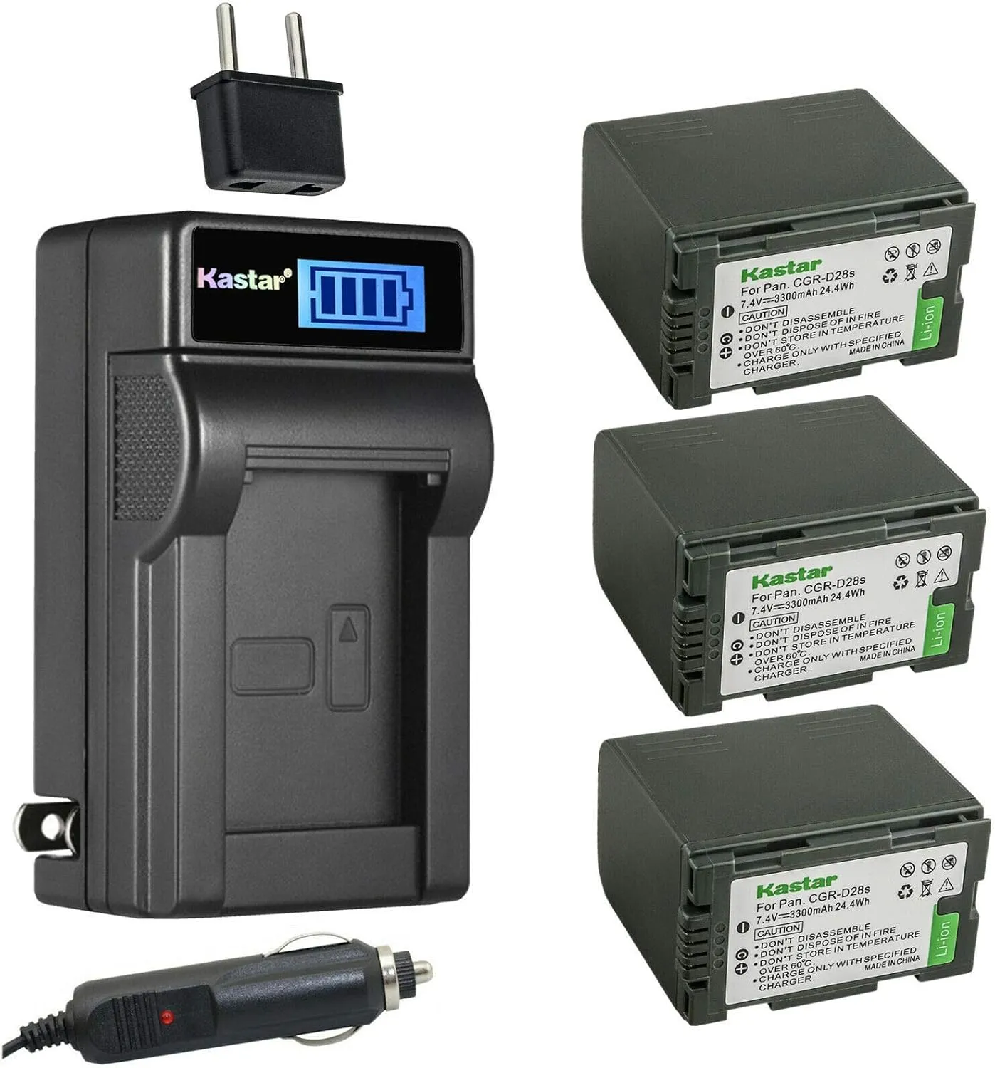 Kastar 3-Pack CGR-D28 Battery and LCD AC Charger Compatible with Panasonic NV-DS77, NV-DS77B, NV-DS80, NV-DS88, NV-DS89, NV-DS99, NV-DS150, NV-DS150B, NV-DS200, NV-DS990, NV-EX1, NV-EX1B, NV-EX3