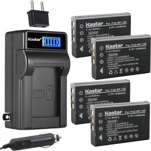 Kastar 4-Pack FNP-120 Battery and LCD AC Charger Compatible with Ordro HDV-V12, HDV-V88, HDV-Z7, HDV-Z10, HDV-Z16, HDV-Z79, HDV-108, HDV-760, HDV-P72, HDR-AC1, HDR-AC3, HDR-AC5, HDR-AZ50 Cameras