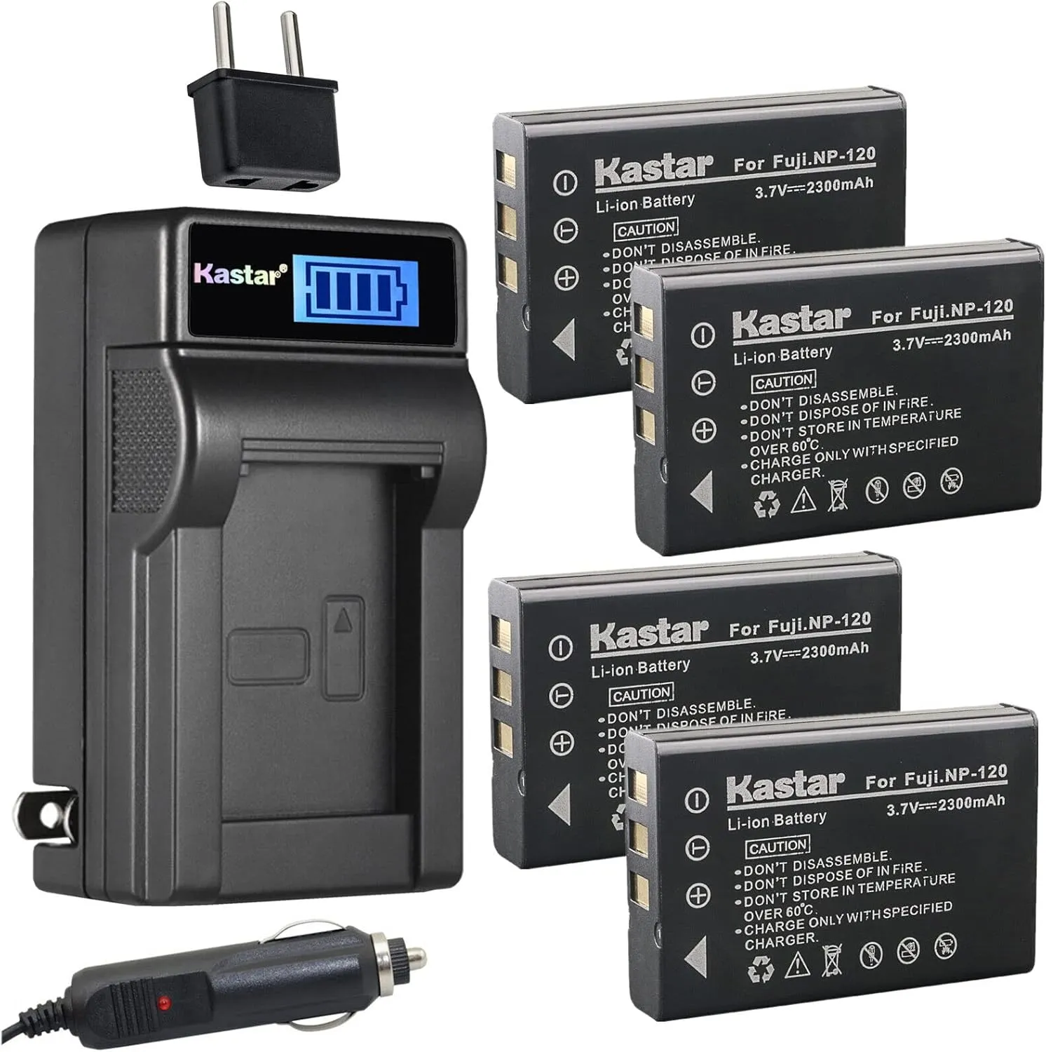 Kastar 4-Pack FNP-120 Battery and LCD AC Charger Compatible with Ordro HDV-V12, HDV-V88, HDV-Z7, HDV-Z10, HDV-Z16, HDV-Z79, HDV-108, HDV-760, HDV-P72, HDR-AC1, HDR-AC3, HDR-AC5, HDR-AZ50 Cameras