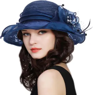 Kentucky-Fascinator Organza-Hat for Women Derby-Church-Wedding Cap for Tea-Party-Sun-Protection Flower-Wide-Brim-Hats 22"