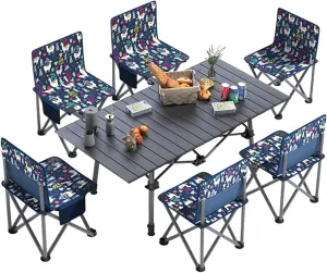 KIRANDY Portable Picnic Table, Folding Roll Up Camping Travel Table Aluminum Table, 7PCS Table and Chair Set with Carry Bag