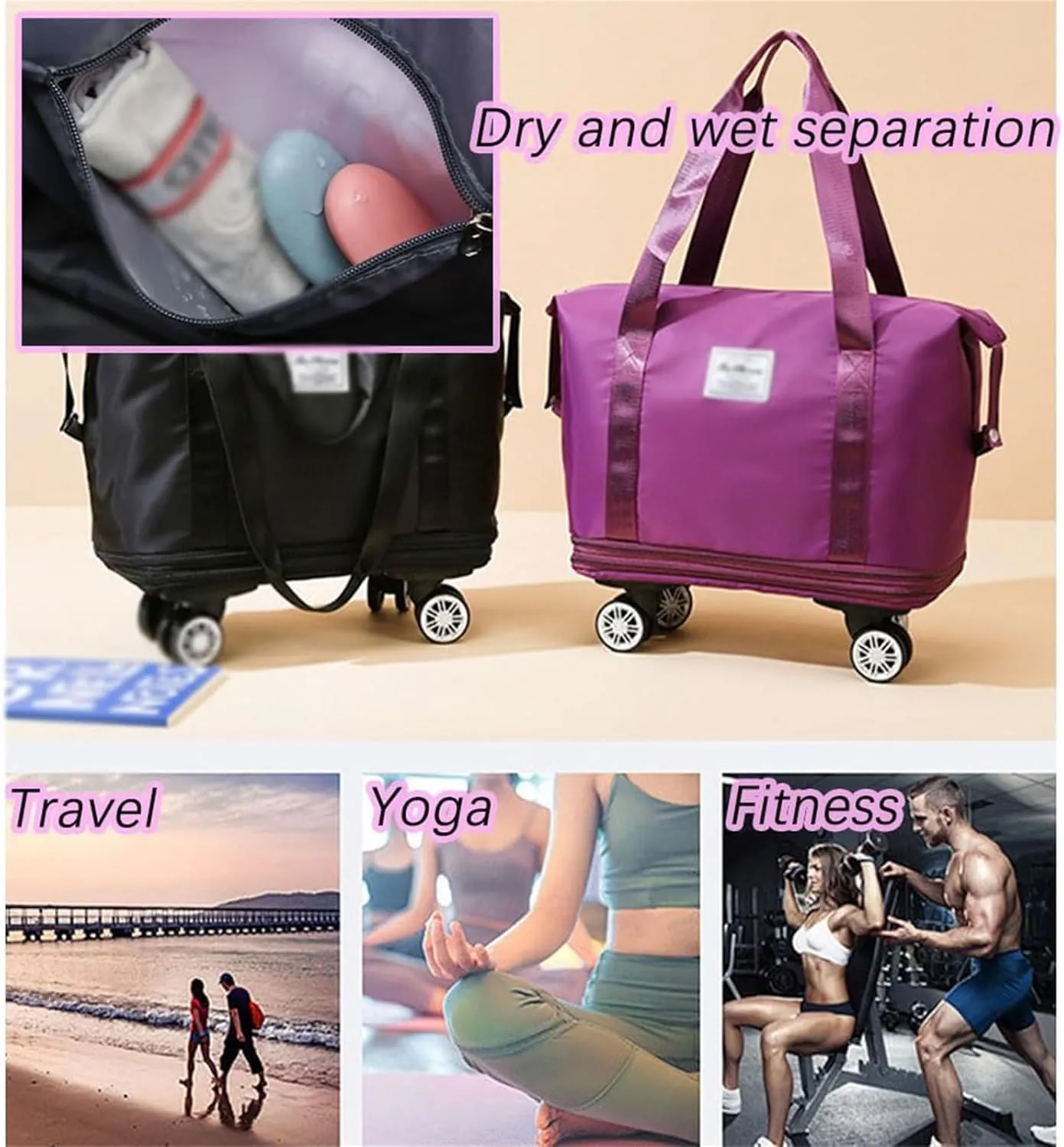 Klarson Expandable Bag with Wheels - New Scratch Expandable Travel Duffle Bag with Wheels, Foldable Suitcase without Handl (B)