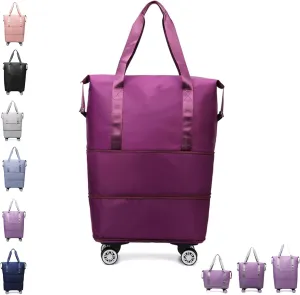 Klarson Expandable Travel Bag with Wheels, Foldable Suitcase Without Handle, Scratch-Resistant, Purple Red