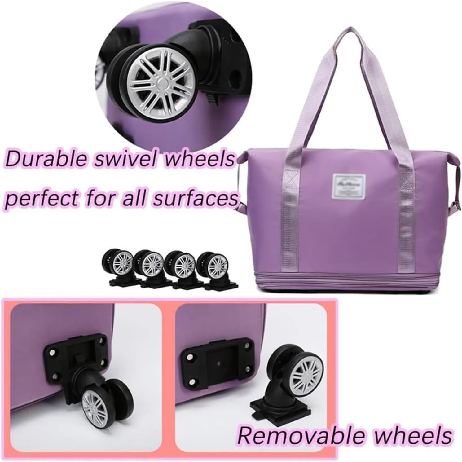 Klarson Expandable Travel Bag with Wheels, Foldable Suitcase Without Handle, Scratch-Resistant, Purple