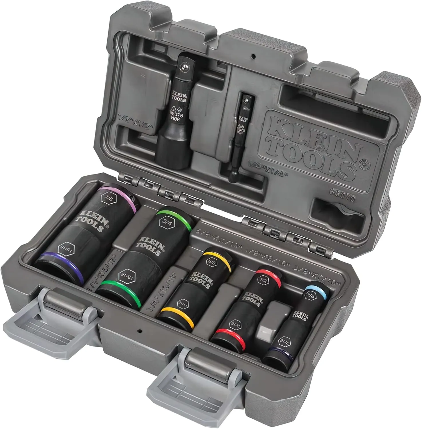 Klein Tools 66070 Impact Socket Set, Five Impact Driver Flip Sockets with 1/4-Inch Hex and 1/2-Inch Square Socket Adapters, 7-Piece