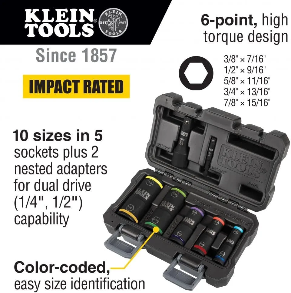 Klein Tools 66070 Impact Socket Set, Five Impact Driver Flip Sockets with 1/4-Inch Hex and 1/2-Inch Square Socket Adapters, 7-Piece