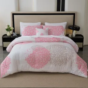 Koniroom 8-Piece Pink Comforter Set King Size - Beige White Flower Bed in a Bag with Sheets, Pillowcases, Shams, and Decorative Pillow Cover