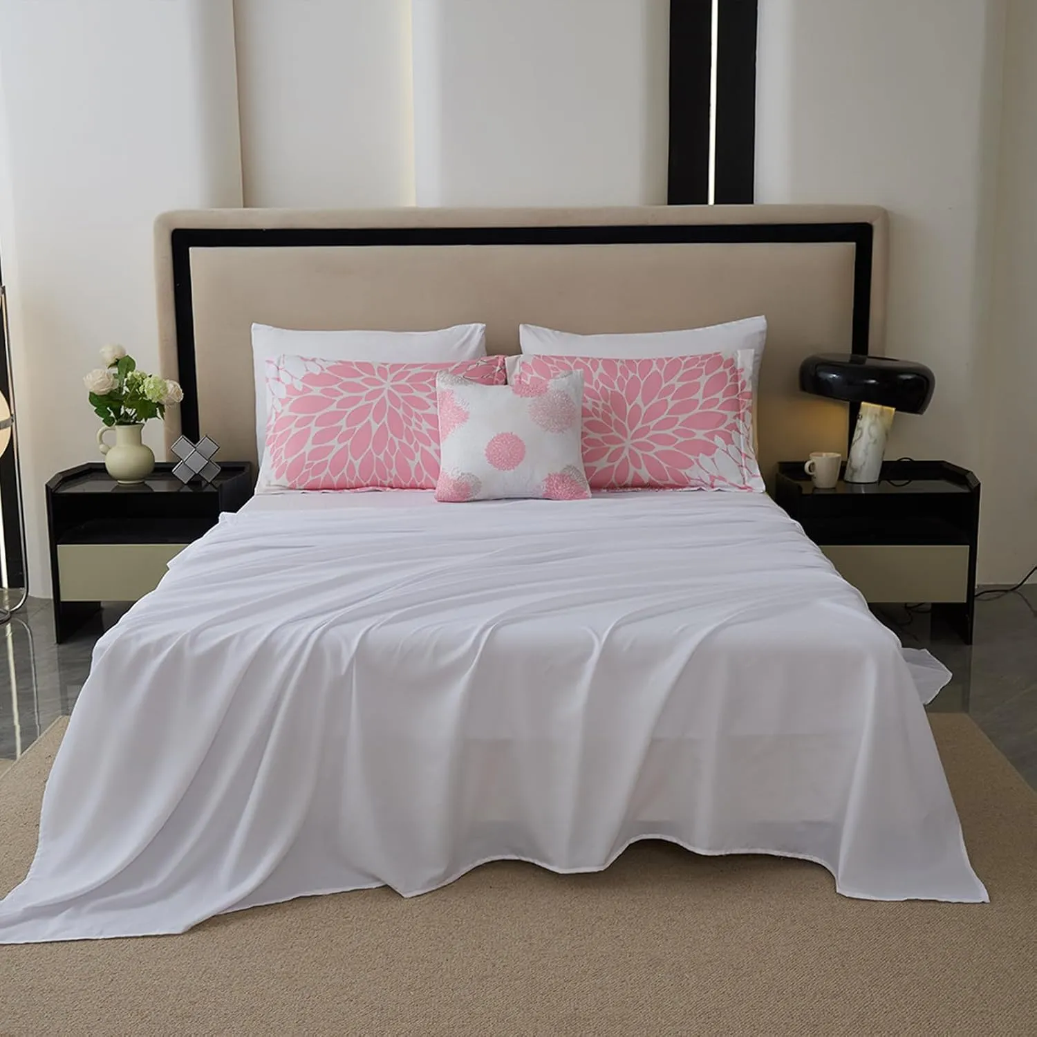Koniroom 8-Piece Pink Comforter Set King Size - Beige White Flower Bed in a Bag with Sheets, Pillowcases, Shams, and Decorative Pillow Cover