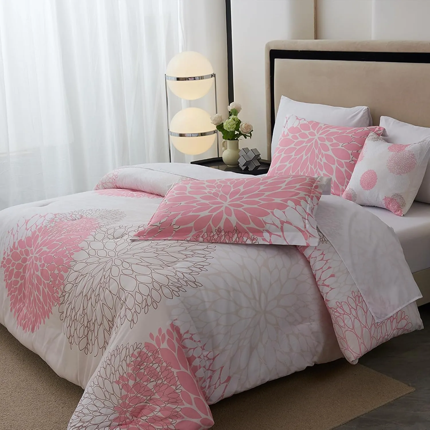 Koniroom 8-Piece Pink Comforter Set King Size - Beige White Flower Bed in a Bag with Sheets, Pillowcases, Shams, and Decorative Pillow Cover
