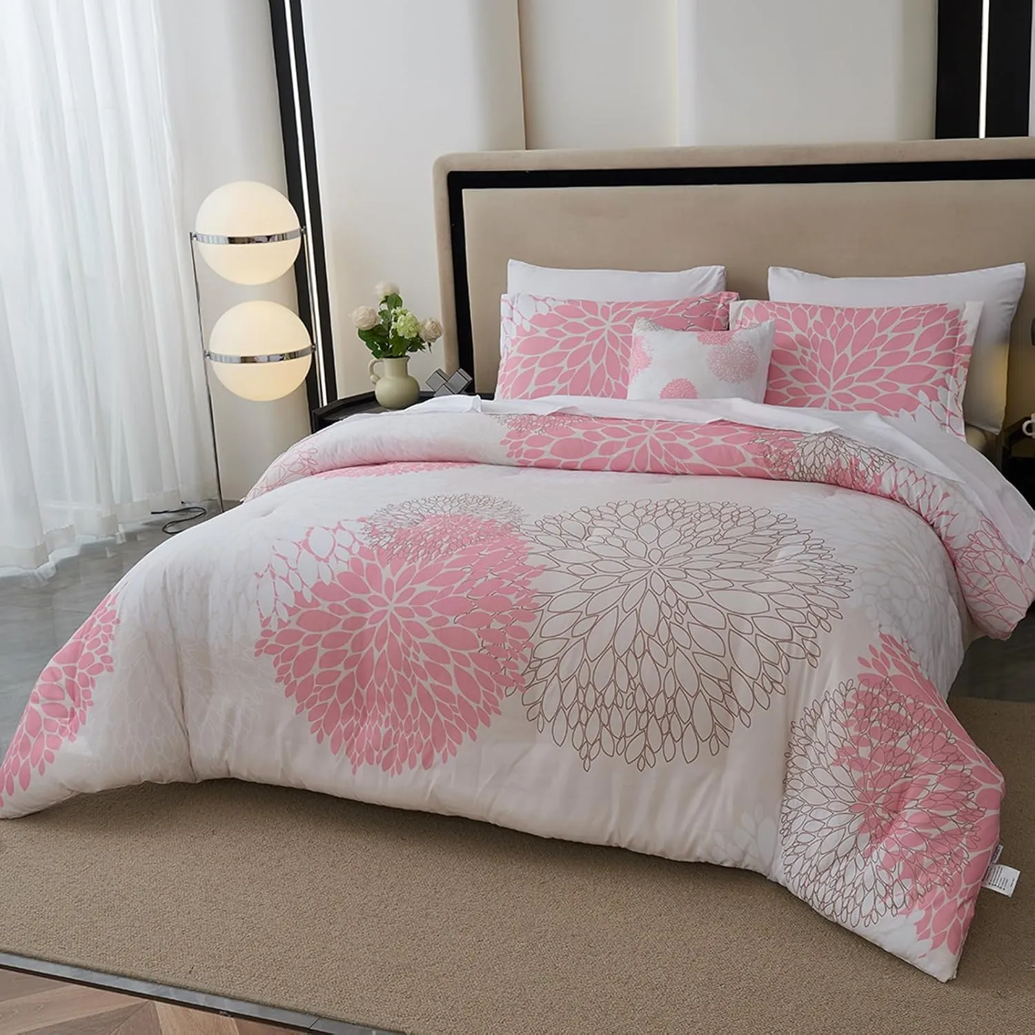 Koniroom 8-Piece Pink Comforter Set King Size - Beige White Flower Bed in a Bag with Sheets, Pillowcases, Shams, and Decorative Pillow Cover