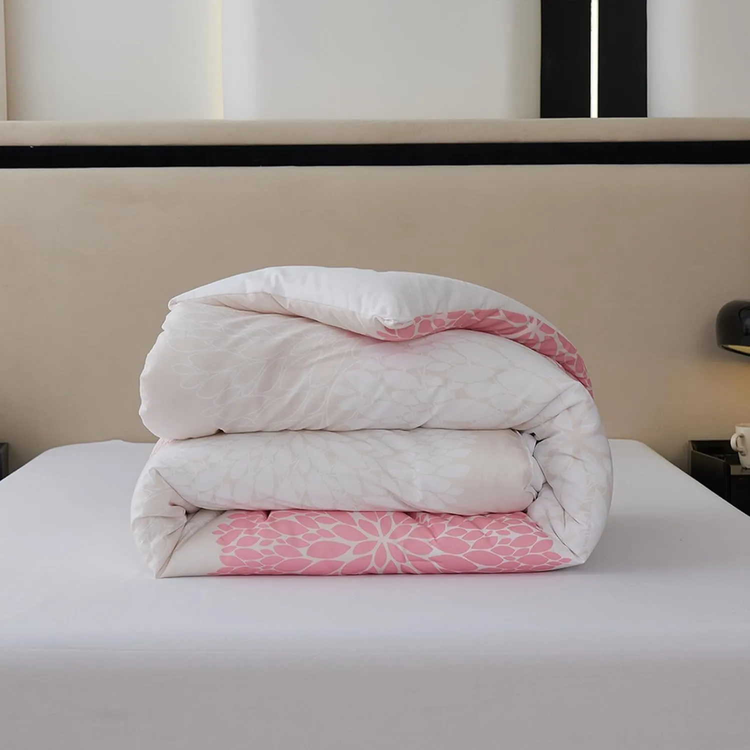 Koniroom 8-Piece Pink Comforter Set King Size - Beige White Flower Bed in a Bag with Sheets, Pillowcases, Shams, and Decorative Pillow Cover