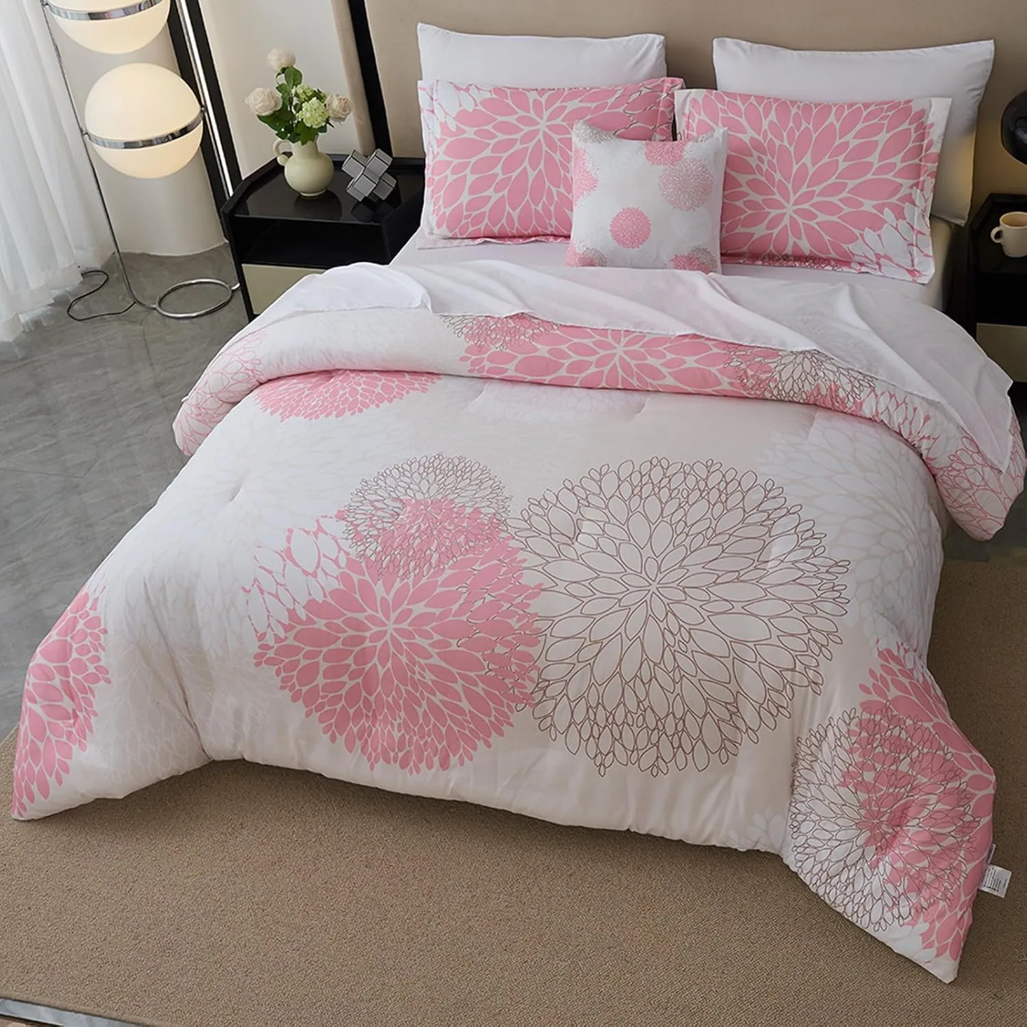 Koniroom 8-Piece Pink Comforter Set King Size - Beige White Flower Bed in a Bag with Sheets, Pillowcases, Shams, and Decorative Pillow Cover