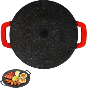 Korean Style BBQ Grill Pan,13" Non-stick Smokeless Circular Grill Pan with Silicone handle,Medical Stone Coated Barbecue Stovetops Frying Pan for Indoor Outdoor Camping baking Pan