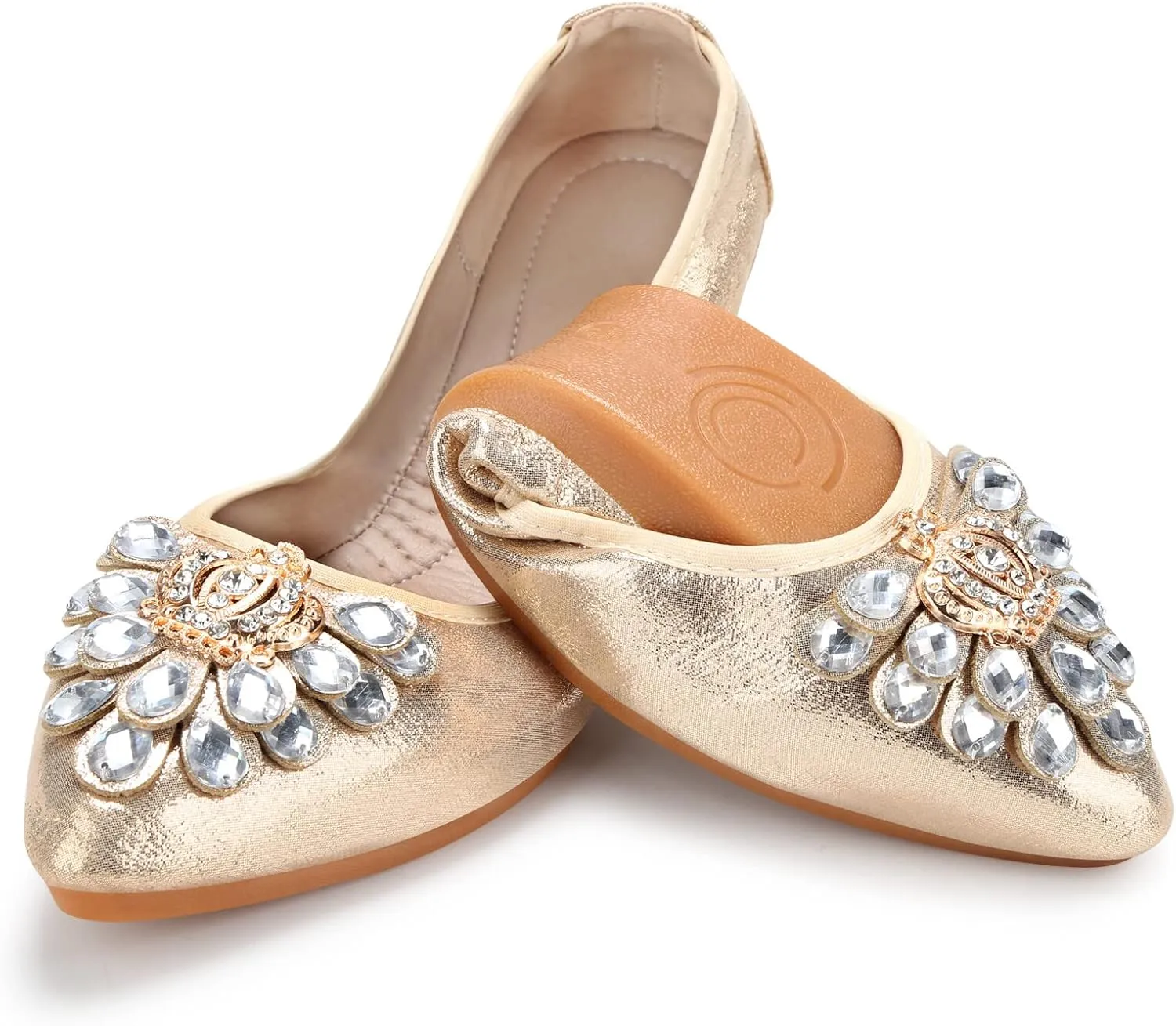 KUNWFNIX Women's Ballet Flats Foldable Classic Crown Rhinestone Slip On Flowers PU Leather Pointed Toe Comfort Flat Casual Dress Shoes