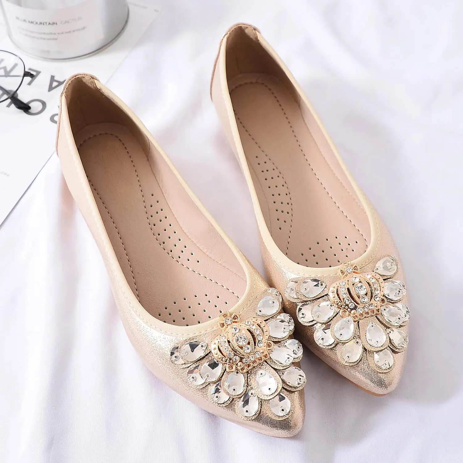 KUNWFNIX Women's Ballet Flats Foldable Classic Crown Rhinestone Slip On Flowers PU Leather Pointed Toe Comfort Flat Casual Dress Shoes