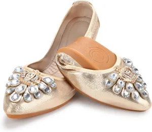 KUNWFNIX Women's Ballet Flats Foldable Classic Crown Rhinestone Slip On Flowers PU Leather Pointed Toe Comfort Flat Casual Dress Shoes