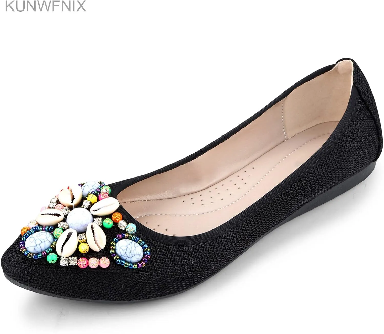 KUNWFNIX Women's Ballet Flats Foldable Classic Crown Rhinestone Slip On Flowers PU Leather Pointed Toe Comfort Flat Casual Dress Shoes