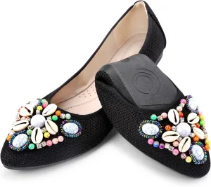 KUNWFNIX Women's Ballet Flats Foldable Classic Crown Rhinestone Slip On Flowers PU Leather Pointed Toe Comfort Flat Casual Dress Shoes