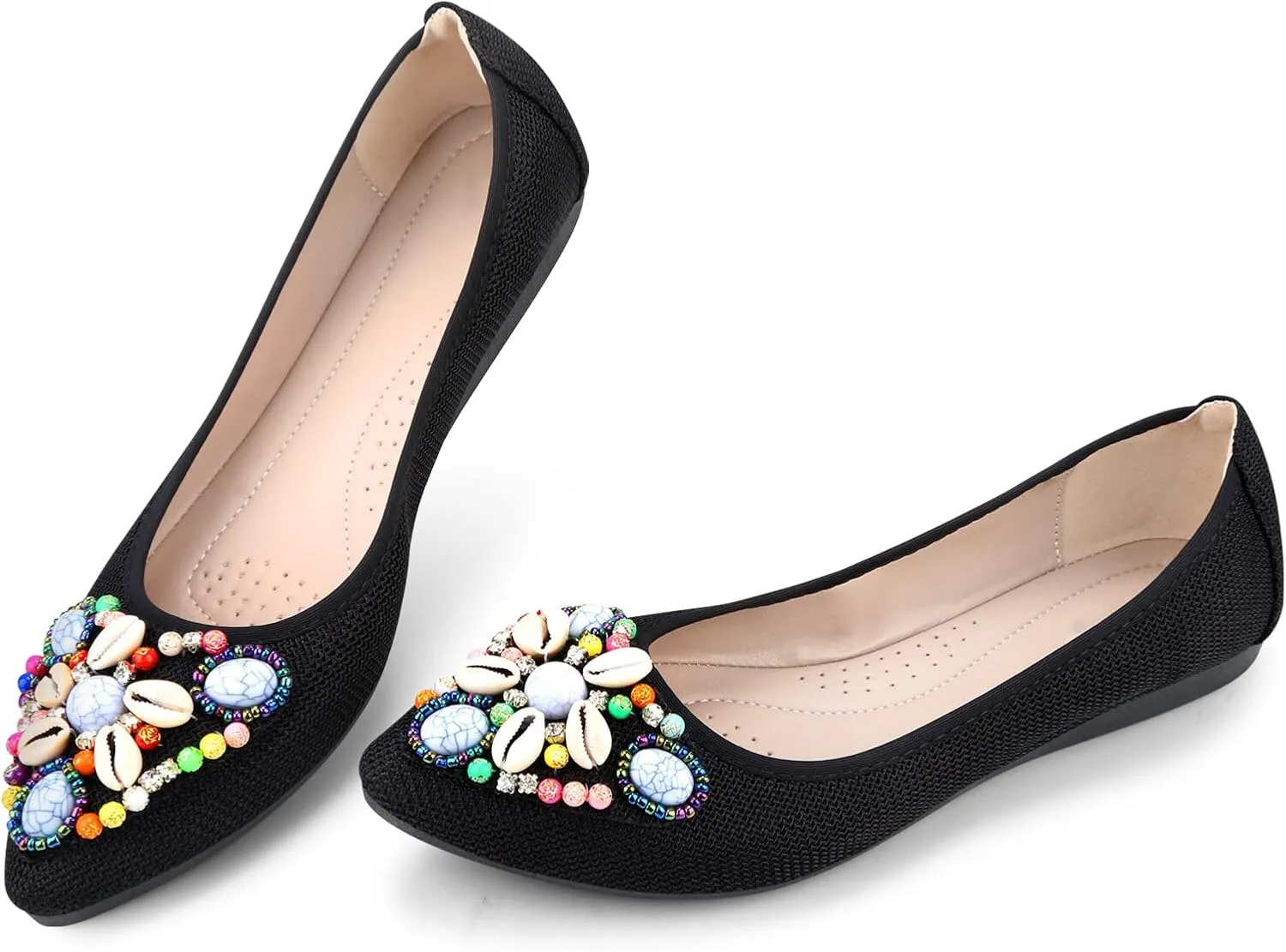 KUNWFNIX Women's Ballet Flats Foldable Classic Crown Rhinestone Slip On Flowers PU Leather Pointed Toe Comfort Flat Casual Dress Shoes