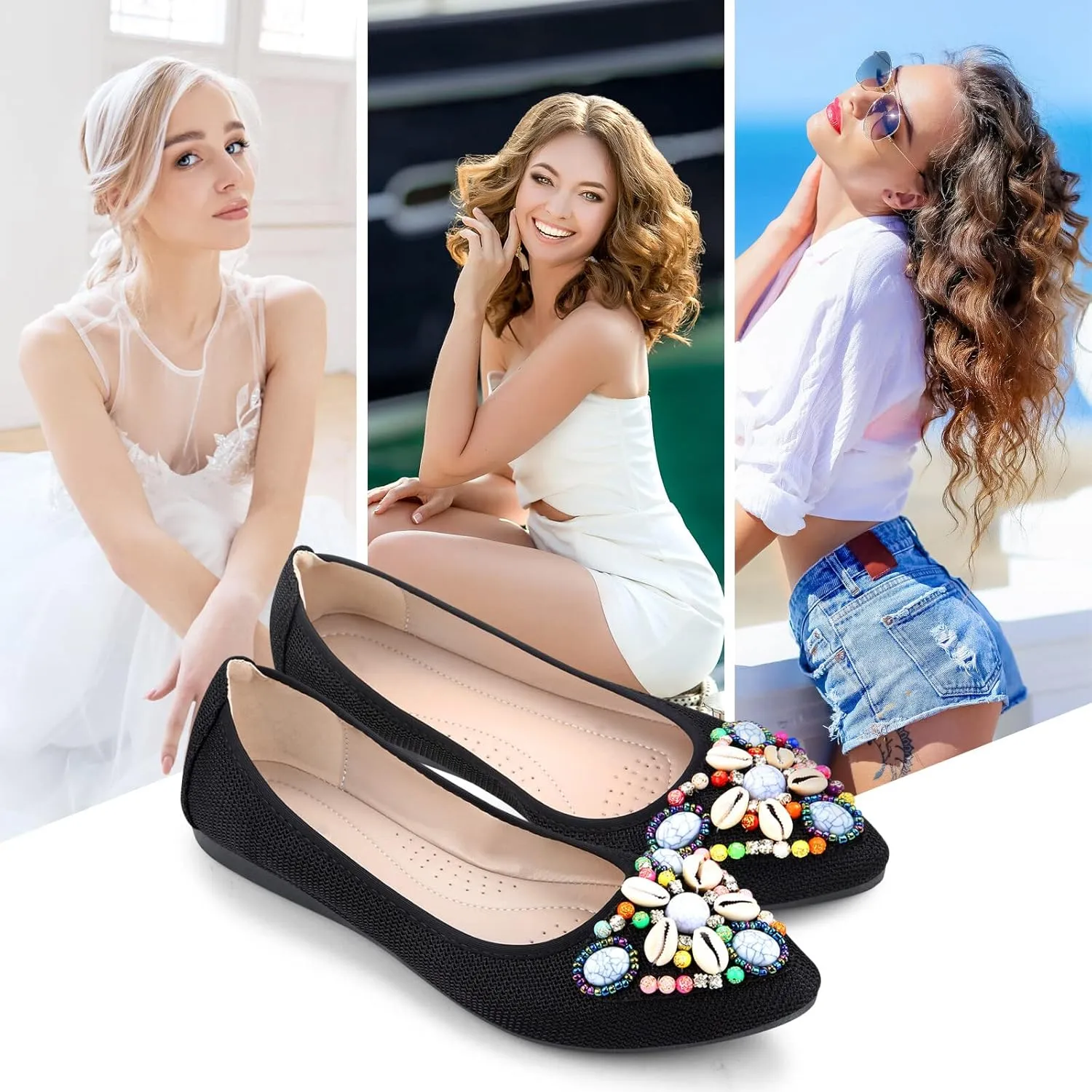 KUNWFNIX Women's Ballet Flats Foldable Classic Crown Rhinestone Slip On Flowers PU Leather Pointed Toe Comfort Flat Casual Dress Shoes