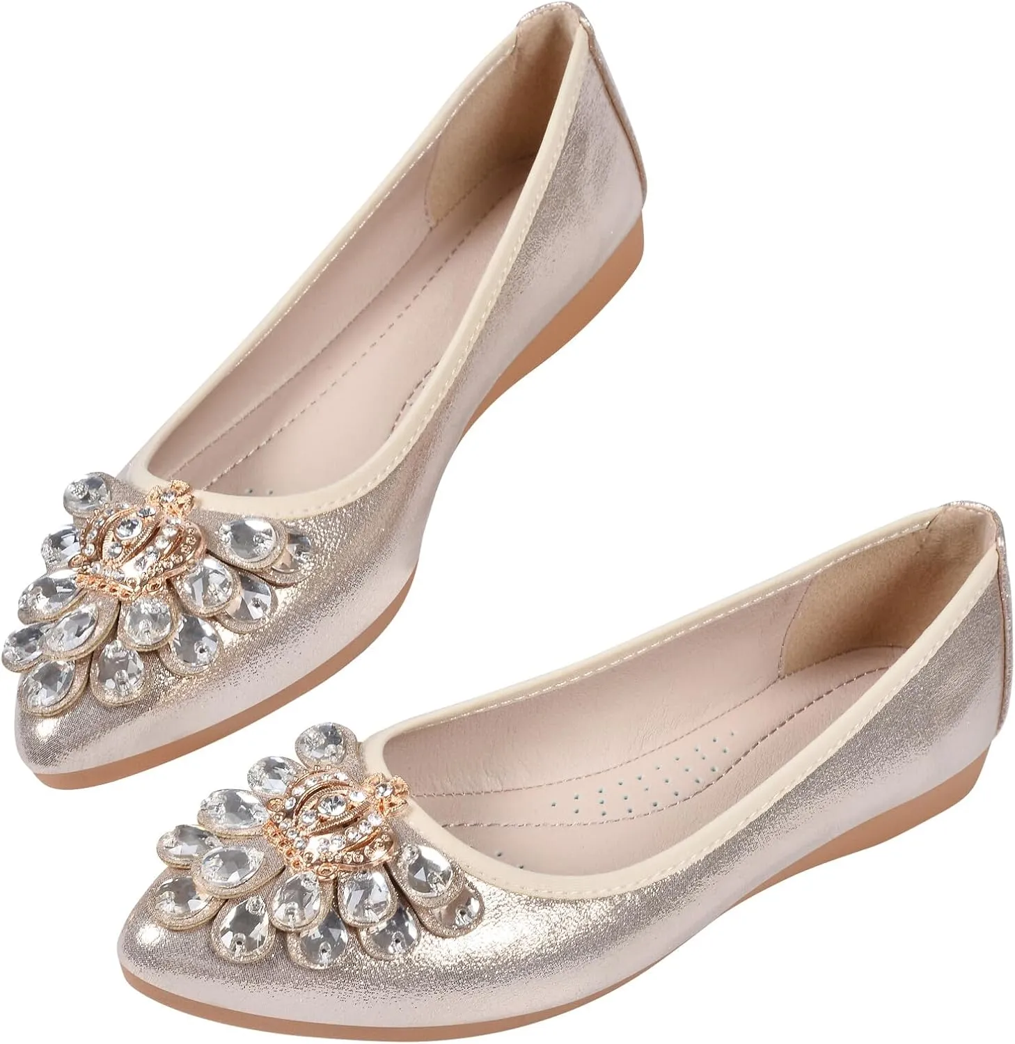 KUNWFNIX Women's Ballet Flats Foldable Classic Crown Rhinestone Slip On Flowers PU Leather Pointed Toe Comfort Flat Casual Dress Shoes