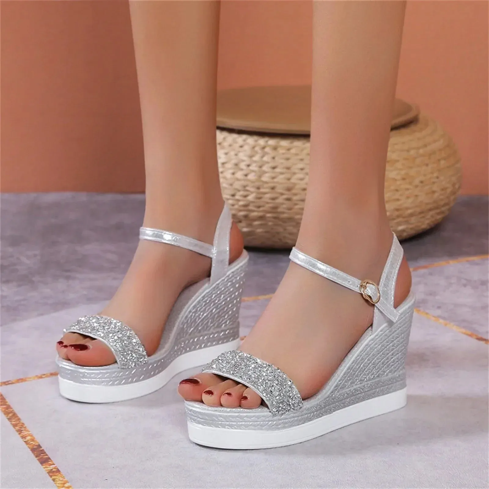 Ladies Breathable Sequin Elegant Wedge Heel Large Size Sandals Outside Streetwear Indoor Outdoor Female Shoes