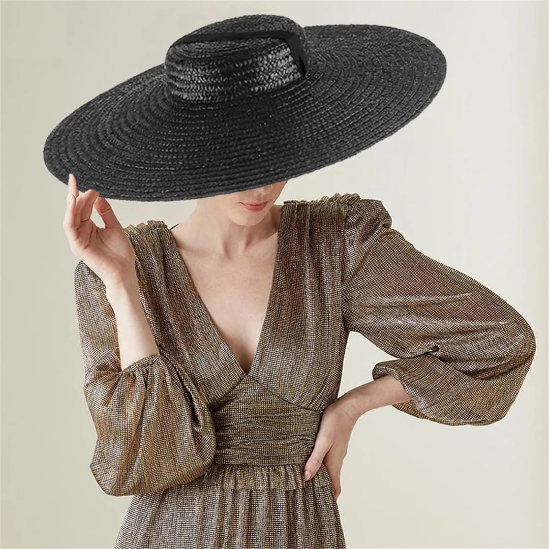 Large Wide Brim Flat Top Sun Hat Straw Hat Summer with Long Ribbon Hat Women's Holiday Retro Beach Sun Hat