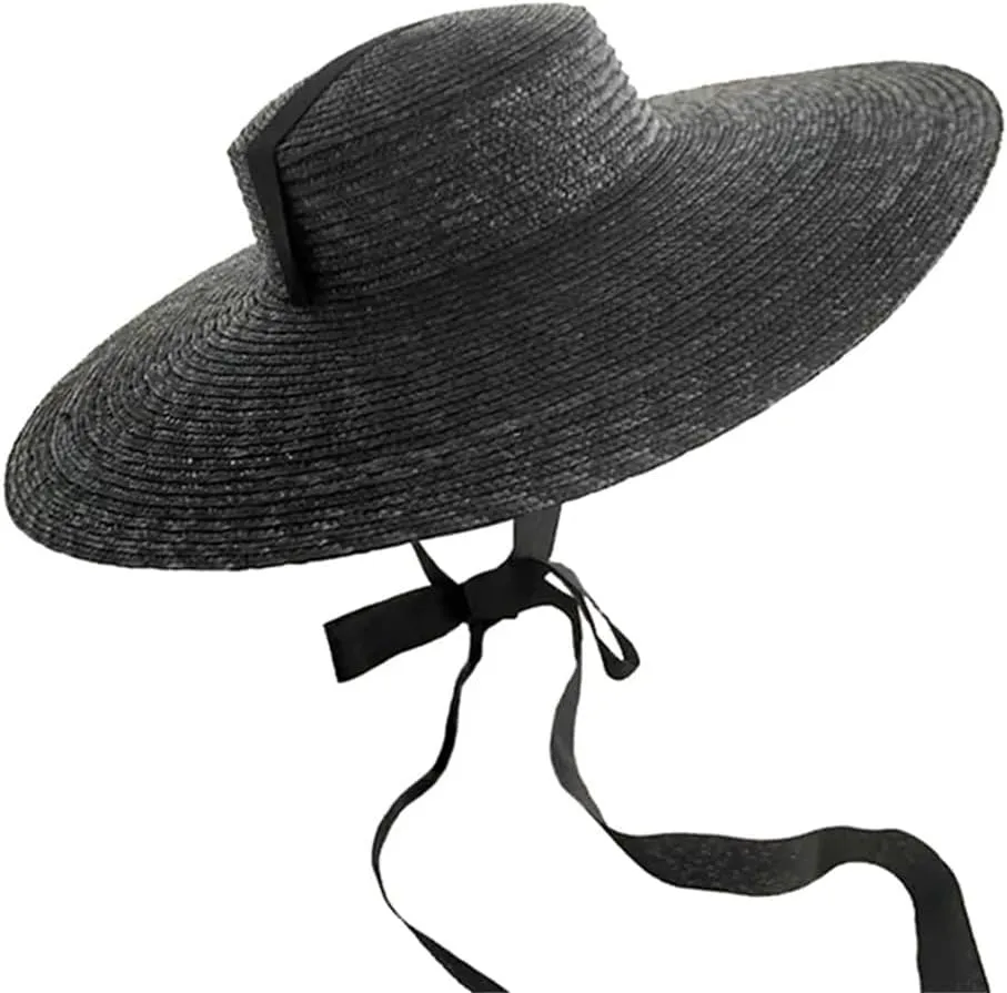 Large Wide Brim Flat Top Sun Hat Straw Hat Summer with Long Ribbon Hat Women's Holiday Retro Beach Sun Hat
