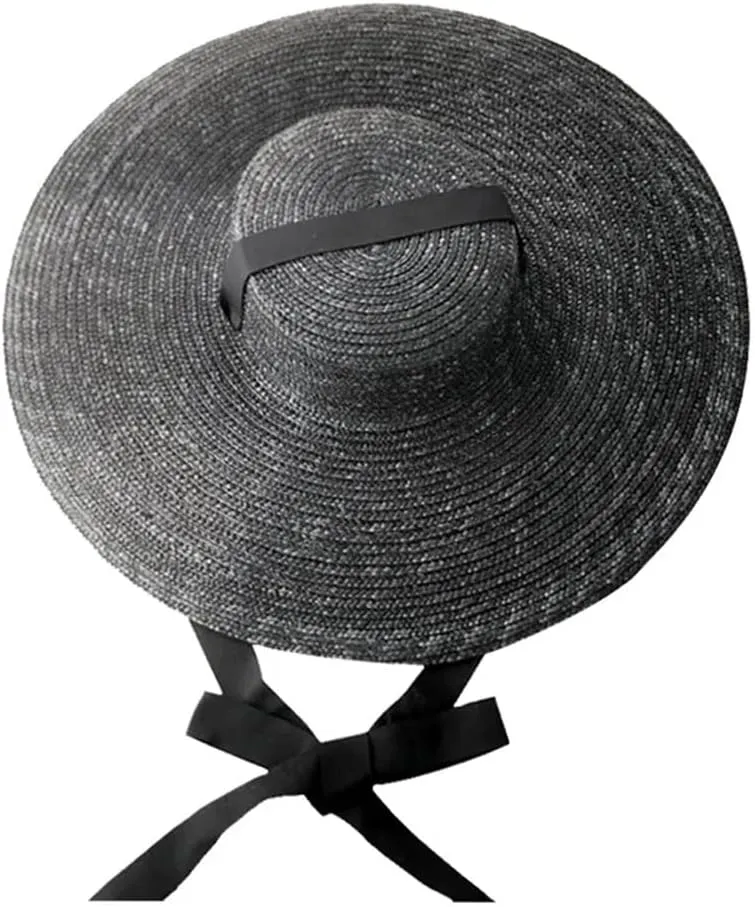 Large Wide Brim Flat Top Sun Hat Straw Hat Summer with Long Ribbon Hat Women's Holiday Retro Beach Sun Hat