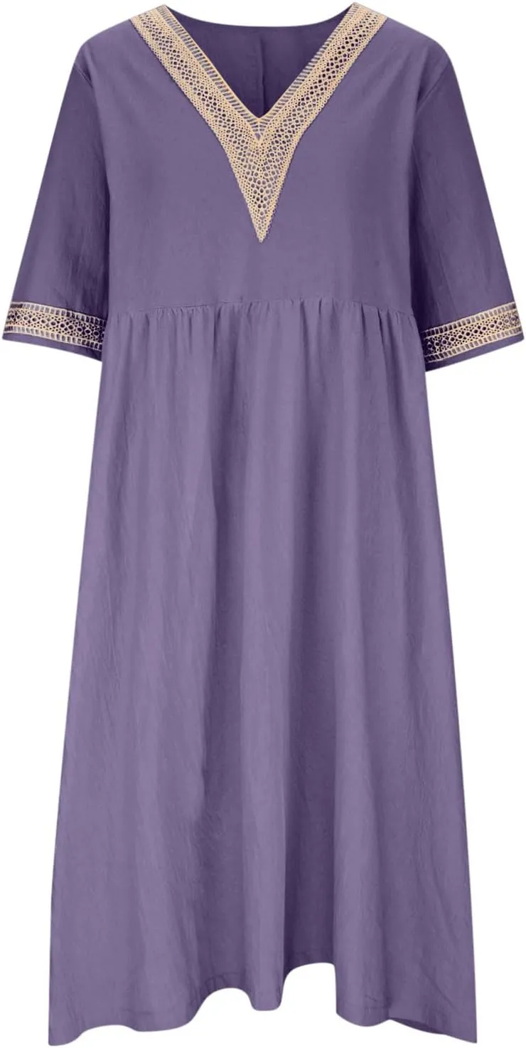 Lastesso Dresses for Women 2024 Trendy Lace V Neck Short Sleeve Summer Relaxed Size Sundresses Casual Boho Beach Maxi Dress