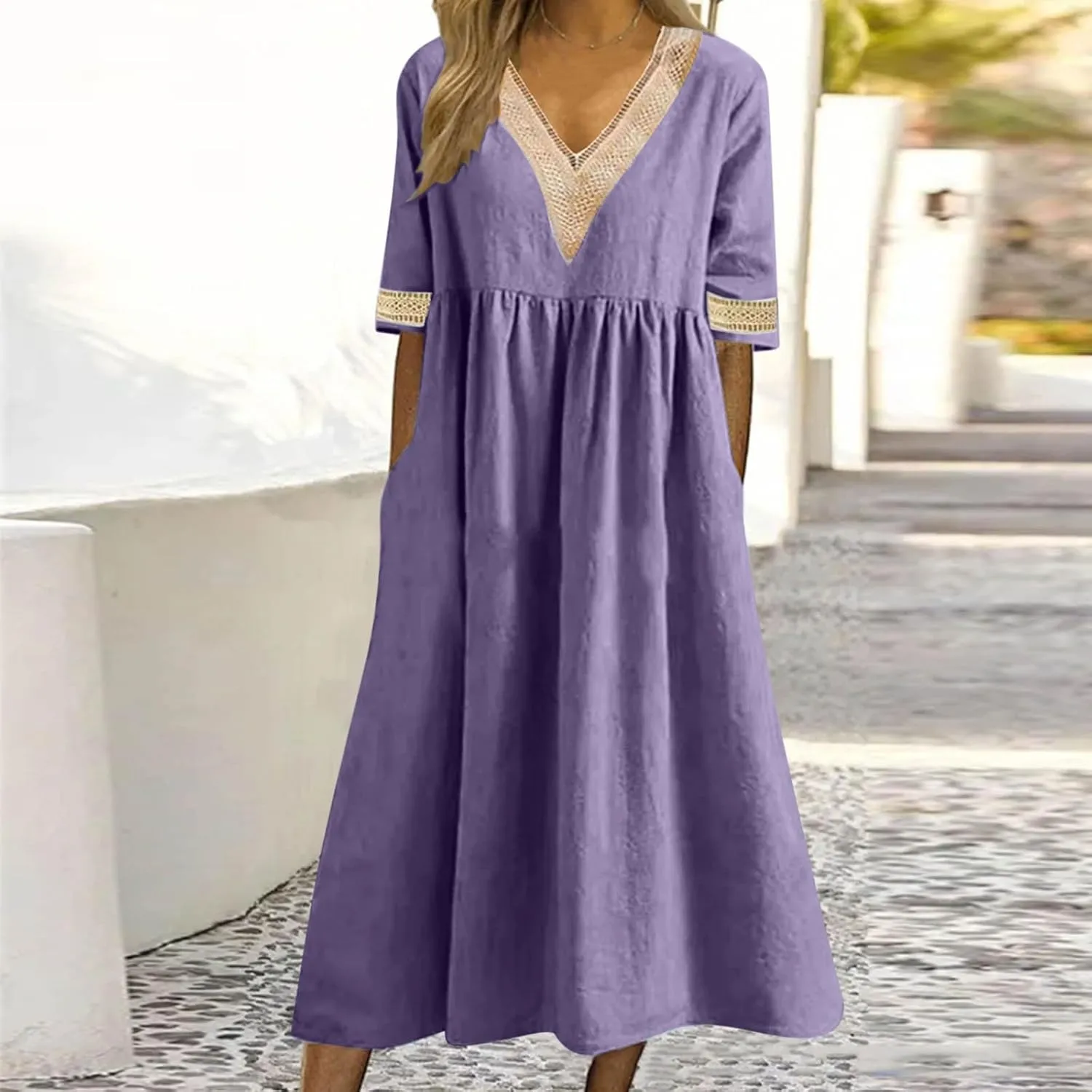 Lastesso Dresses for Women 2024 Trendy Lace V Neck Short Sleeve Summer Relaxed Size Sundresses Casual Boho Beach Maxi Dress