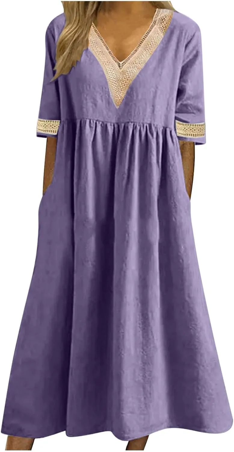 Lastesso Dresses for Women 2024 Trendy Lace V Neck Short Sleeve Summer Relaxed Size Sundresses Casual Boho Beach Maxi Dress