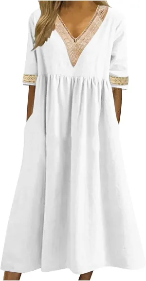 Lastesso Dresses for Women 2024 Trendy Lace V Neck Short Sleeve Summer Relaxed Size Sundresses Casual Boho Beach Maxi Dress