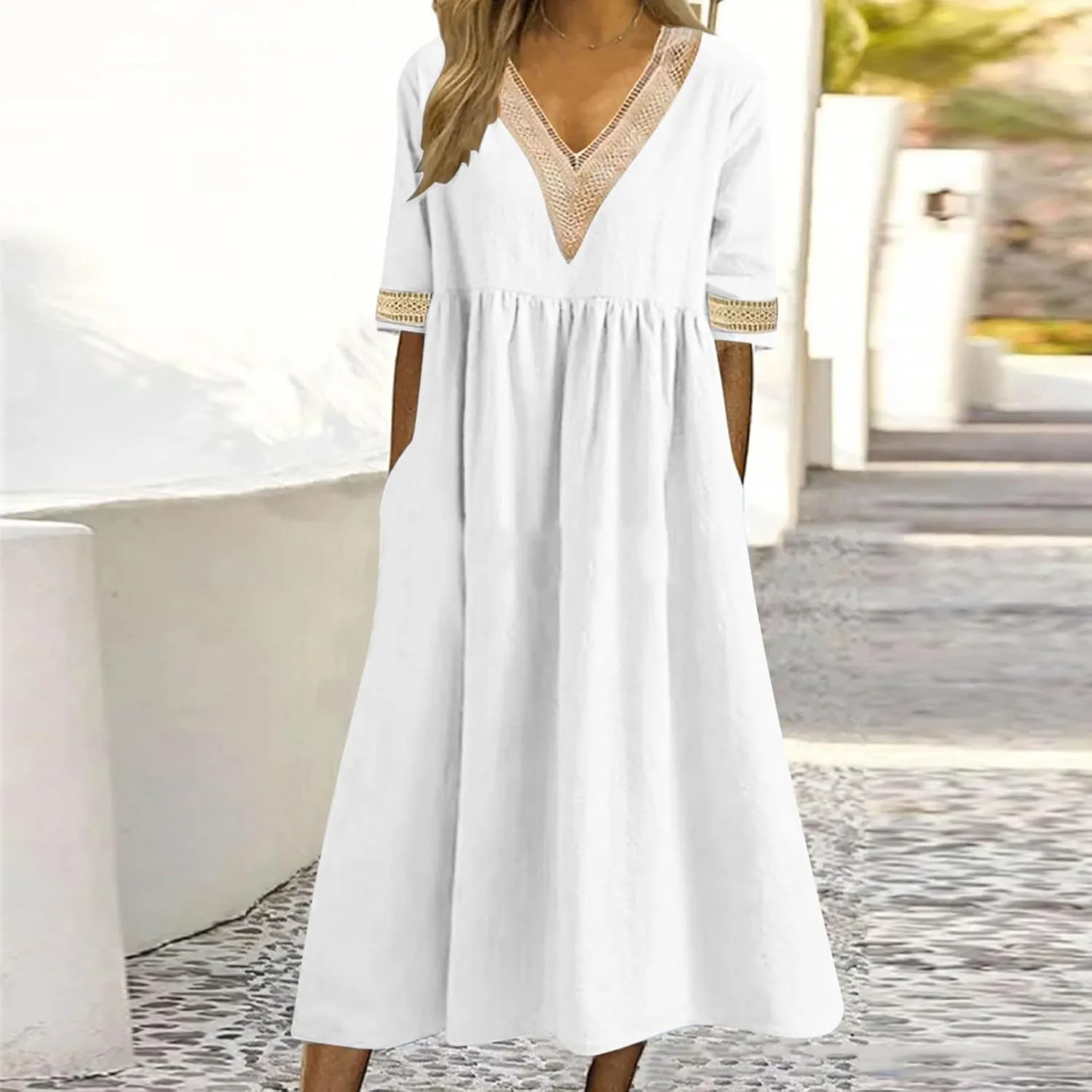 Lastesso Dresses for Women 2024 Trendy Lace V Neck Short Sleeve Summer Relaxed Size Sundresses Casual Boho Beach Maxi Dress