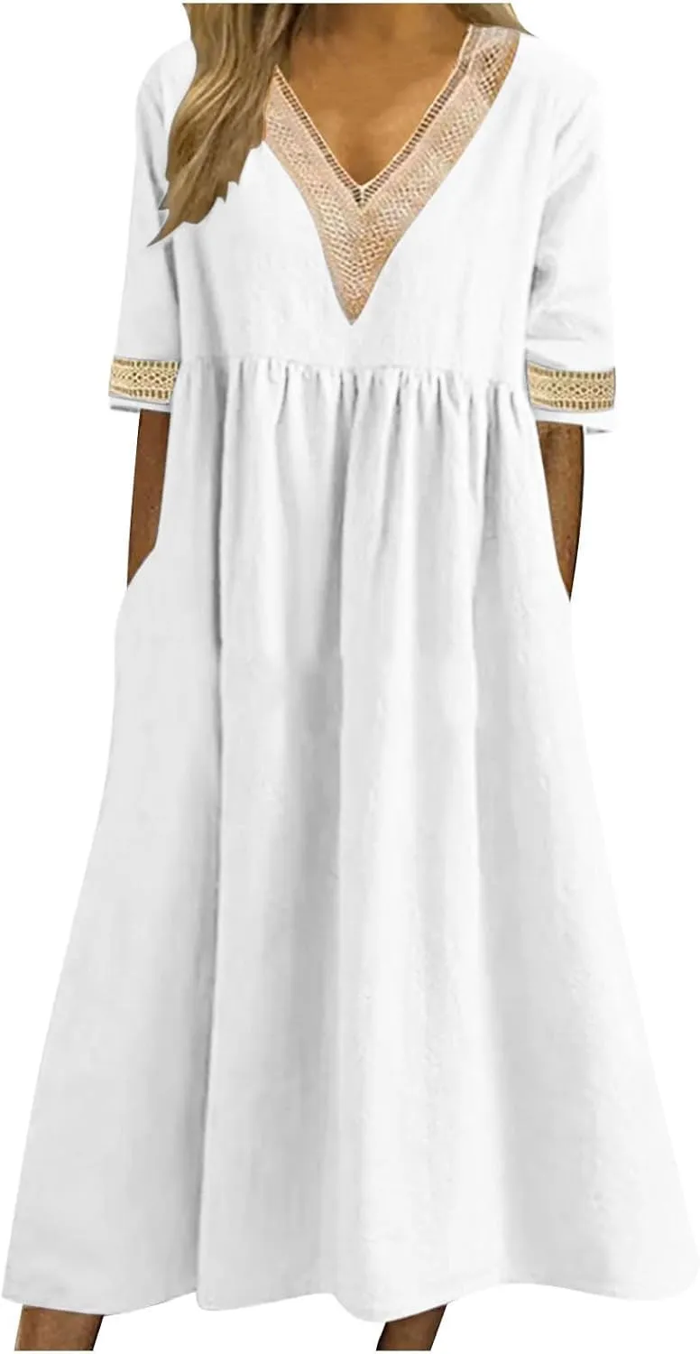 Lastesso Dresses for Women 2024 Trendy Lace V Neck Short Sleeve Summer Relaxed Size Sundresses Casual Boho Beach Maxi Dress